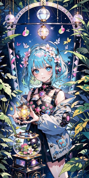 (masterpiece, best quality, highres:1.3), ultra resolution image, (1girl), (solo), kawaii, holographic hair, cyberpunk cityscape, sweet, robotic kitten, virtual reality haven, lantern softly glowing, fantasy, dreamy, joyful energy, gentle, dreamy, cozy, charm of childhood, (nature music box:1.5), tiny flower crown, delight, innocent, liveliness, nature accessories, digital forest, gentle breeze