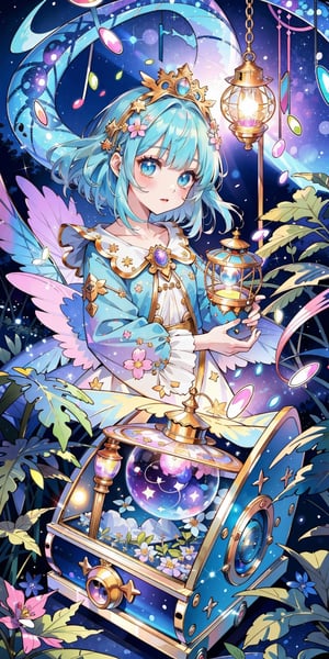 (masterpiece, best quality, highres:1.3), ultra resolution image, (1girl), (solo), kawaii, galaxy hair, nebula sky, sweet, celestial dragon, cosmic citadel, lantern softly glowing, fantasy, dreamy, joyful energy, gentle, dreamy, cozy, charm of childhood, (nature music box:1.5), tiny flower crown, delight, innocent, liveliness, nature accessories, starlit meadow, gentle breeze
