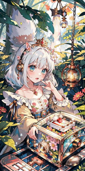 (masterpiece, best quality, highres:1.3), ultra resolution image, (1girl), (solo), kawaii, platinum hair, autumn foliage, sweet, fluffy squirrel, enchanted waterfall, lantern softly glowing, fantasy, dreamy, joyful energy, gentle, dreamy, cozy, charm of childhood, (nature music box:1.5), tiny flower crown, delight, innocent, liveliness, nature accessories, lakeside cottage, gentle breeze