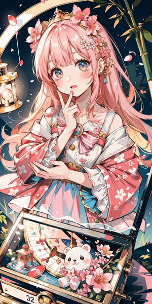 (masterpiece, best quality, highres:1.3), ultra resolution image, (1girl), (solo), kawaii, blush hair, cherry blossom grove, sweet, cuddly bear, serene pond, lantern softly glowing, fantasy, dreamy, joyful energy, gentle, dreamy, cozy, charm of childhood, (nature music box:1.5), tiny flower crown, delight, innocent, liveliness, nature accessories, bamboo forest, gentle breeze