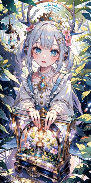 (masterpiece, best quality, highres:1.3), ultra resolution image, (1girl), (solo), kawaii, silver hair, crystal cavern, sweet, plush deer, whimsical nook, lantern softly glowing, fantasy, dreamy, joyful energy, gentle, dreamy, cozy, charm of childhood, (nature music box:1.5), tiny flower crown, delight, innocent, liveliness, nature accessories, desert oasis, gentle breeze