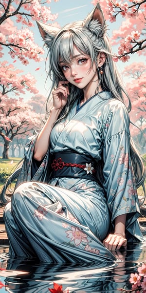 /imagine prompt: A mischievous nine-tailed fox spirit with playful eyes and flowing white fur. It sits perched on a blossoming cherry tree branch, holding a mischievous grin. The setting is a tranquil Japanese garden bathed in the soft glow of the setting sun. The style is reminiscent of traditional Japanese woodblock prints, with bold lines and vibrant colors. --ar 16:9
