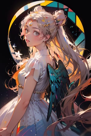 absurdres, (best quality), (masterpiece),(ultra-detailed:1.2),(photorealistic:1.1),ultra high res, wings, silhouette ,kaleidoscope,polka dot,Stained glass,(wind:1.2) ,moon, holographic, palace,hologram, princessserenity, blonde hair, hair ornament, forehead mark, earrings, white dress, white hair, long hair, glowingdust, face