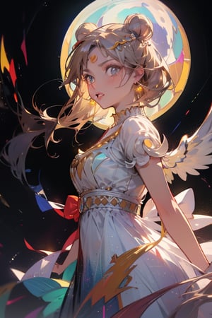 absurdres, (best quality), (masterpiece),(ultra-detailed:1.2),(photorealistic:1.1),ultra high res, wings, silhouette ,kaleidoscope,polka dot,Stained glass,(wind:1.2) ,moon, holographic, palace,hologram, princessserenity, blonde hair, hair ornament, forehead mark, earrings, white dress, white hair, long hair, glowingdust, face