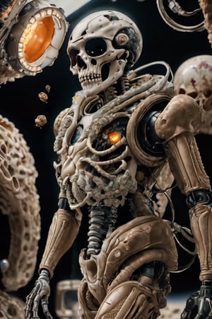 absurdres, intricate details, masterpiece, best quality, high resolution, 8k, (a full body skeleton in astronaut spacesuit:1.2), (skull:1.3), (broken helmet:1.4), (colored light bulbs:1.3), spacesuit, lunar surface, craters, black sky, stars, detailed face, detailed body, shot on camera Canon 1DX, 50 mm f/2.8 lens, raw,Movie Still,biopunk style