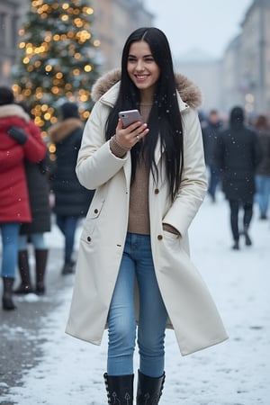 full body shot, raw photo,  1girl, 18yo russian female with very long black straight hair, round soft freckled face, thin eyebrows,  in white coat, denim pants, knee-length boots,, winter, snowfall, (heavy snow:1.4), outdoors, Prague, city square, New Year trees, holding phone, crowd on a background, (insane details:1.4), intricate, (detailed background, top quality, best quality:1.4), edge detection, cinematic shadows, cinematic light, (best face:1.4), happy female, cheerful female