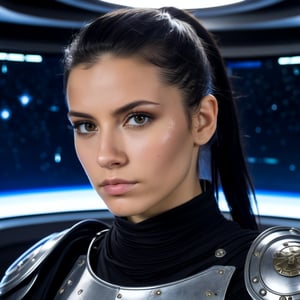 realistic, sci fi, raw photo, digital photo, Selfie shot, closeup, A fearless roman female warrior, romanarmy, synthetic tunic, futuristic kevlar armor, cape, italian female with olive skin and acquilline nose, 20yo, black hair, ponytail, indoors, spaceship, windows, cyberspace outside, stars, planets, style, screens, control panels, metal, intricate details, insane details,  cinematic shadows, cinematic lights, many screens around, detailed face, skin pores, skin imperfections