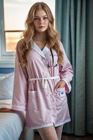 full body, digital photo, closeup,realistic, 18yo, tall, russian, female nurse, (rosy skin:1.1), freckles, long v-cut blonde wavy hair, nurse robe, white pantyhose, flat shoes, indoors, clinic, room, detailed skin, cute expression, overall details, detailed skin, skin imperfections, evening, dusk, sun, ray tracing, insane details, edge detection