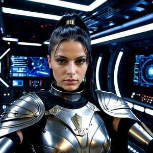 Selfie shot, closeup, A fearless roman female warrior, romanarmy, synthetic tunic, futuristic kevlar armor, cape, italian female with olive skin and acquilline nose, 20yo, black hair, ponytail, indoors, spaceship, windows, cyberspace outside, stars, planets, style, screens, control panels, metal, intricate details, insane details,evening, cinematic shadows, cinematic lights, many screens around, (insane details:1.4)