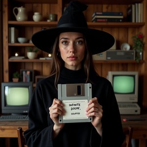 indoors, log cabin, shelves, 1990s computer with crt monitor on a table, a 30yo female witch in witch attire and witch hat holds small floppy disk with a white label. On the label in handwritten texts read: "INFINITE DOOM GGUFED" , detailed text,Fantasy detailers 