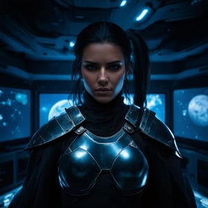 Selfie shot, closeup, A fearless roman female warrior, romanarmy, synthetic tunic, futuristic kevlar armor, cape, italian female with olive skin and acquilline nose, 20yo, black hair, ponytail, indoors, spaceship, windows, cyberspace outside, stars, planets, style, screens, control panels, metal, intricate details, insane details, led light, flourescent light, cinematic shadows, cinematic lights, many screens around,  (insane details:1.4),  