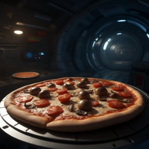 realistic, pizza with tomatoes, mushrooms, intricate details, insane details, cinematic shadows, cinematic lights, hot, stream, tasty, no humans, indoors, sci fi space station