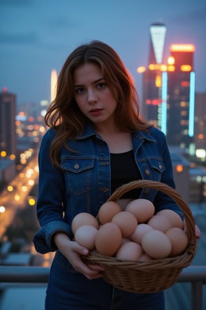  photo, realistic, Film still, raw photo, 4k, Russian 18yo female with long v-chestnut hair, messy haircut, in denim jacket, denim pants holding a basket full of eggs, angry expression, outdoors, rooftop, sci fi, dystopian city, scyscrapers, cyberpunk style, neon glowing, artifical light, skin imperfections, evening, dusk, sun, ray tracing, night vision, artificial lights