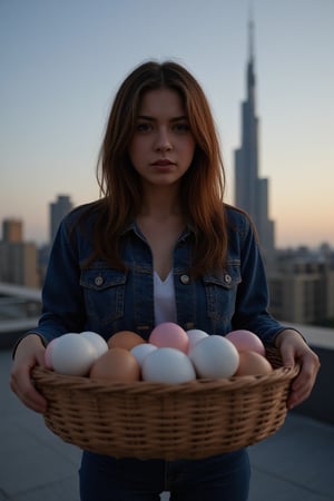  photo, realistic, Film still, raw photo, 4k, Russian 18yo female with long v-chestnut hair, messy haircut, in denim jacket, denim pants holding a basket full of eggs, angry expression, outdoors, rooftop, sci fi, dystopian city, scyscrapers, cyberpunk style, neon glowing, artifical light, skin imperfections, evening, dusk, sun, ray tracing, night vision, artificial lights