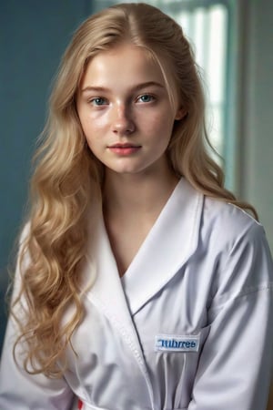 full body, digital photo, closeup,realistic, 18yo, tall, russian, female nurse, rosy skin, freckles, long v-cut blonde wavy hair, nurse robe, seamless white pantyhose, flat shoes, indoors, clinic,, detailed skin, cute expression, overall details, detailed skin, skin imperfections, evening, dusk, sun, ray tracing, insane details, edge detection