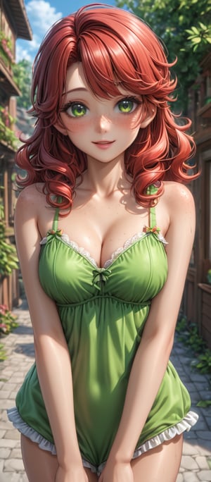 cute girl, 20 years old, freckles, green eyes and red wild hair, cute summer dress, unreal engine 5, CGI, game assets 