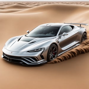 a silver chrome hypercar driving extremely fast through sand dunes in the desert, the car is super shiny

