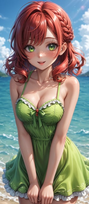 cute girl, 20 years old, freckles, green eyes and red wild hair, cute summer dress, unreal engine 5