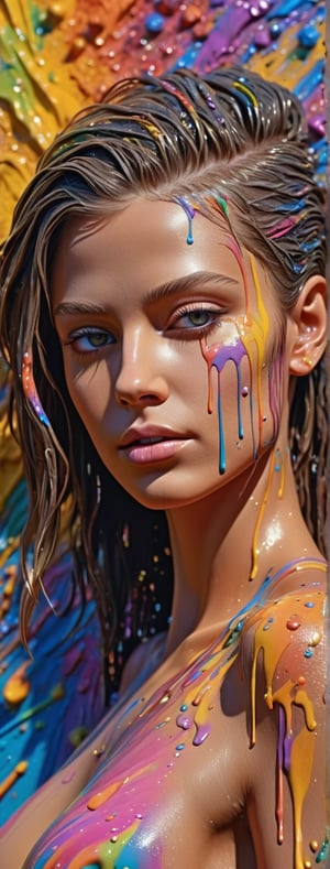 Aerial view, , create a artistic portrait of a beautiful woman with wet hair , bathing in a pool of colofurful paints, wearing nothing,, ultradetailed ultrarealistic face, Don Lawrence  style,  work of beauty and inspiration,  8kUHD,  wind,  mountain views,  close-up ,monster,Extremely Realistic, flowers, golden hour ,cyberpunk style,cyberpunk, close-up 