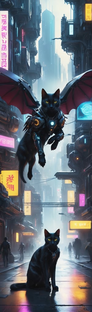 cybernetic long haired black cat walking through a large cyberpunk city, the new world order has started,  (mechanical mandibles),(circuits in the skin),(great composition),(aureal composition),(unity composition),(great art), (distopic future),, (heavy machinery), (cyber punk adjuncts),(master piece),(4k),(great artist),(realistic),(fine details),make_3d,LegendDarkFantasy, (Rule of Thirds), (negative space composition)