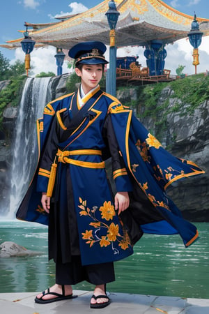 (Masterpiece), (Overcoming: 1.3), (Realistic), Portrait of a Young Man, 19, Man, World's Most Flamboyant, Gray Eyes, Gray Hair, Half Head, Outdoor, Strong Sunlight, Waterfall Front, Professional Photograph, Long Legs, Five Toes, High Heeled Sandals, Barefoot, Smile, Hanbok, Navy Uniform, Sharp Focus, Dramatic, Volume dtx, Yellow, Background