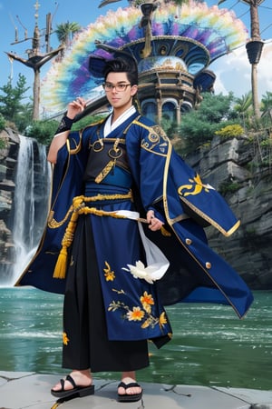 (Masterpiece), (Overcoming: 1.3), (Realistic), Portrait of a Young Man, 19, Man, World's Most Flamboyant, a handsome man in glasses, Gray Eyes, Gray Hair, Half Head, Outdoor, Strong Sunlight, Waterfall Front, Professional Photograph, Long Legs, Five Toes, High Heeled Sandals, Barefoot, Smile, Hanbok, Navy Uniform, Sharp Focus, Dramatic, Volume dtx, Yellow, Background