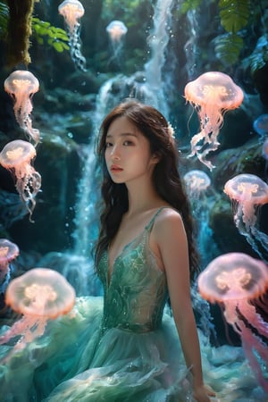 An Asian young woman with long flowing hair, adorned in a delicate emerald green gown, surrounded by a mesmerizing rainforest waterfall environment. She stands amidst a dance of luminescent jellyfish, which glow in hues of pink and blue. The backdrop is a cascading waterfall, punctuated by the soft glow of bioluminescent plants and the gentle mist of water. The woman's gaze is distant, as if lost in thought, while the jellyfish float gracefully around her, creating an ethereal and dreamlike atmosphere.