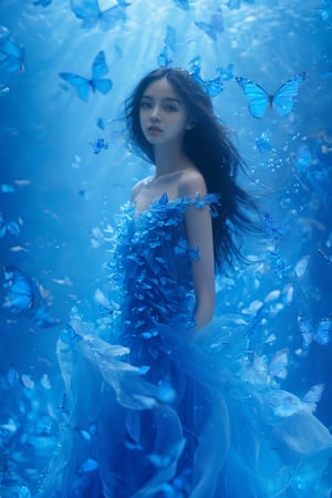 A young woman surrounded by a myriad of vibrant blue butterflies. She appears to be submerged in a dreamy, aquatic environment, with her long black hair flowing freely. The woman wears a delicate, translucent gown that merges seamlessly with the surrounding water, giving the impression that she is a part of the underwater world. The butterflies, with their iridescent wings, flutter around her, creating a sense of movement and wonder.