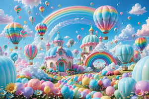 A whimsical scene with pastel-colored hot air balloons floating in the sky, surrounded by fluffy clouds. A prominent rainbow arches in the center, acting as a backdrop for the balloons. The ground is adorned with soft, rounded hills and decorated with pink and blue flowers. The entire scene exudes a dreamy, fantastical ambiance.