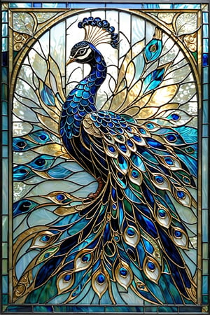A stunning stained glass artwork of a peacock. The peacock, with its majestic tail feathers, is intricately designed with shades of blue, gold, and white. The background consists of intertwining patterns in varying shades of blue, creating an abstract representation of water or waves. The peacock's head and upper body are adorned with gold accents, and its eyes are dark, giving it a mysterious look. The artwork is beautifully crafted, with each piece of glass meticulously placed to create depth and dimension.