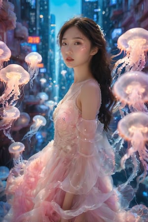 An Asian young woman with long flowing hair, adorned in a delicate pearl white gown, surrounded by a mesmerizing futuristic city environment. She stands amidst a dance of luminescent jellyfish, which glow in hues of pink and blue. The backdrop is a skyline of towering buildings, punctuated by the soft glow of bioluminescent lights and the gentle hum of technology. The woman's gaze is distant, as if lost in thought, while the jellyfish float gracefully around her, creating an ethereal and dreamlike atmosphere.