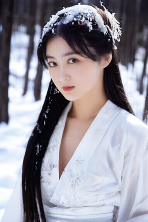 A 23-year-old Taiwanese beauty with long hair, perfect body proportions, naturally large breasts, natural makeup, and a noble and elegant temperament. She is wearing a gorgeous white Hanfu is watching the snow scene. solo, model pose.