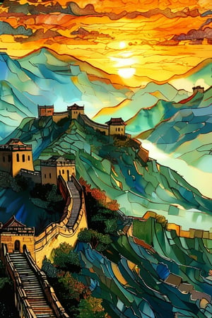 A serene view of the Great Wall of China winding through misty mountains at dawn, with ancient stone structures bathed in golden light, in the style of Vincent van Gogh, using a vibrant color palette of earthy browns, soft greens, and deep blues with swirling, textured brushstrokes. Artists: Vincent van Gogh, Qi Baishi, Zhang Daqian.