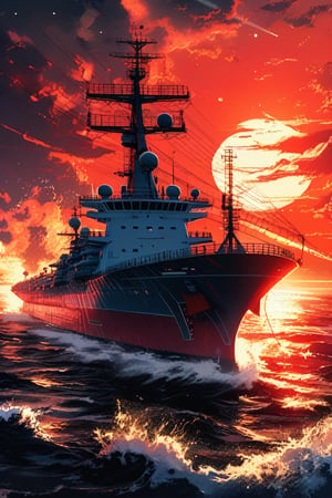 Illustration, vivid, colorful, Japanese Navy aircraft carrier Akagi, sailing through stormy seas, Makoto Shinkai style, amazing detail, fantastic, mysterious, detailed background, it can't be ordinary, it must be highly complex in structure, it must have a high degree of randomness, it must be an image that nobody has seen before, it must be highly original,space background, noc-space