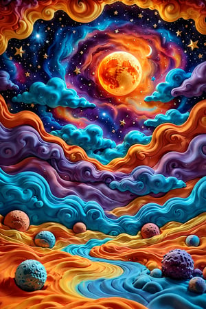 A vibrant and dreamy cosmic scene. At its center, a radiant moon with a textured surface is set against a backdrop of a starry night sky. Surrounding the moon are swirling, colorful clouds in hues of blue, orange, purple, and yellow. These clouds seem to be made of a fluid or soft material, giving them a wavy and undulating appearance. The overall atmosphere of the image is surreal and otherworldly, evoking feelings of wonder and curiosity about the universe. clay