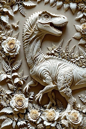 A meticulously crafted artwork of a dinosaur amidst an array of intricately designed flowers and foliage. The dinosaur, possibly a Tyrannosaurus Rex, is depicted in a side profile with its mouth open, revealing sharp teeth. The surrounding environment is adorned with detailed floral patterns, including roses, ferns, and berries. The entire composition is rendered in a monochromatic palette, predominantly in shades of beige and white, giving it a luxurious and timeless feel.