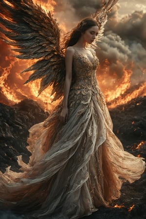 A woman with large, intricately detailed wings, standing amidst a fiery and tumultuous backdrop. She wears a flowing gown adorned with golden embellishments. Her gaze is intense, and she extends her hand outward, as if reaching for something or someone. The scene is dramatic, with flames and smoke rising from the ground, and the sky overhead is filled with dark, ominous clouds.