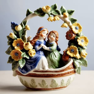 A beautifully crafted ceramic or porcelain figurine of a flower basket