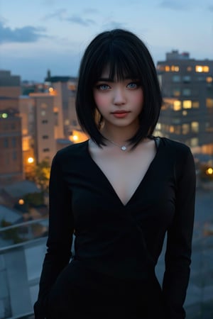 A stunning high-resolution image captures the serenity of a masterpiece as a beautiful young woman with piercing grey eyes and dark, straight hair in a sleek bob stands against a modern cityscape at dusk. The city lights twinkle like diamonds, casting a warm glow on her stylish black jumpsuit with minimalist jewelry. Her gaze meets the viewer's, inviting contemplation amidst the urban backdrop, where a rooftop garden adds a touch of tranquility.