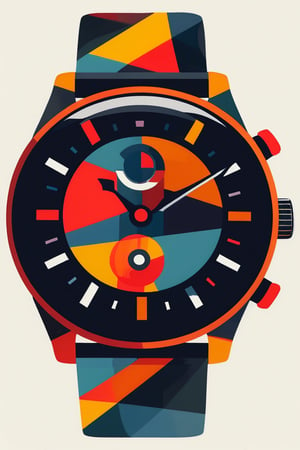 A flat design illustration of a stylish wristwatch, with vibrant and contrasting colors. The style is clean and modern, featuring simple geometric forms, limited shading, and a balanced composition. The colors are bold and dynamic, giving a fresh and retro-futuristic look.