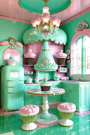 An ornate kitchen with a pastel color scheme. Dominating the scene is a gigantic cupcake placed on a pedestal table. The kitchen features vintage appliances, including a mint-green refrigerator with a picture of cupcakes on its door. The walls are adorned with cupcake-themed decorations, and there's a large chandelier hanging from the ceiling. The floor has a checkered pattern in shades of teal and white. A window on the right lets in natural light, and there's a small table with a chair by it.