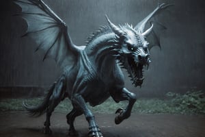 GhostlyStyle, an elegant dragon|horse hybrid with a skull mask, running through the rain, high quality, up close, fantasy horror, highly detailed, ghostly wings, symmetrical