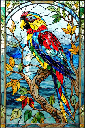 A vibrant stained-glass artwork of a parrot. The parrot is intricately designed with a myriad of colors, including blues, reds, yellows, and greens. It is perched on a branch, surrounded by leaves that mirror the bird's color palette. The background consists of a blend of blues, giving an impression of a sky or water. The overall composition is a harmonious blend of nature and art.