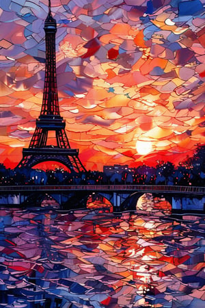 A serene landscape of the Eiffel Tower at sunset, with warm hues reflecting off the iron structure, in the style of Vincent van Gogh, using a vibrant color palette of soft pinks, deep purples, and rich blues with swirling, textured brushstrokes. Artists: Vincent van Gogh, Henri de Toulouse-Lautrec, Claude Monet.