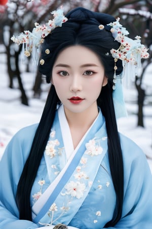 winter theme, award-winning portrait, hyperrealistic:1.5, the most remarkable elegant princess in the world, light-blue exquisite hanfu made of water, black embroidery, long and wide sleeves, pronounced facial features, face radiating lust, symmetric v-shaped face, bright eyes, glamorous face, long hair, watce, rose petals, Chinese girl