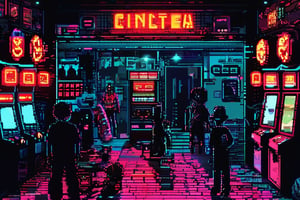 Pixel art of a retro arcade, with characters from different games coming to life, interacting, and playing each other’s games. Neon signs and glowing game screens light up the room