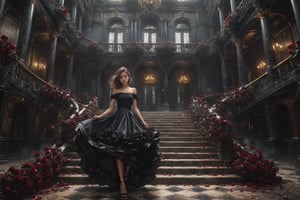 1girl,huge skirt,black dress,everywhere black roses,black rose,flowers,black flowers,the black cloud,exterior,depth of field,top view angle, staircase,photorealistic