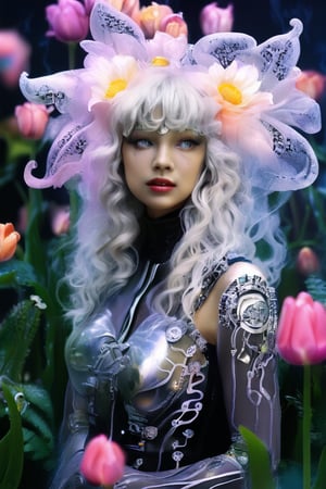 Delicate whole body woman, best quality professional photography, swamp, neumorphism, gothic + ArtDeco biomechanical harlequin flowers with jellyfish DNA, neumorphism, astral silver blackberries, cute magical multicolor ghost tulips and lilies, biomechanical cybernetic armour parts, eternal beauty, daylight, diffused light, fantasy, intricate, elegant, highly detailed, lifelike, photorealistic, digital painting, artstation, illustration, concept art, smooth, sharp focus, background consists of clouds of smoke and shadows, art by Rembrandt, From Tokaito