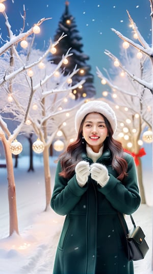 Create AI art portraying the beautiful woman in a Christmas setting, a snowy park adorned with twinkling lights and festive decorations. Picture her strolling along a path surrounded by glistening snow, with the soft glow of holiday lights casting a warm and magical ambiance. The scene should evoke a sense of tranquility and joy, capturing the essence of a peaceful Christmas moment in a charming winter landscape.,kimtaeri-xl