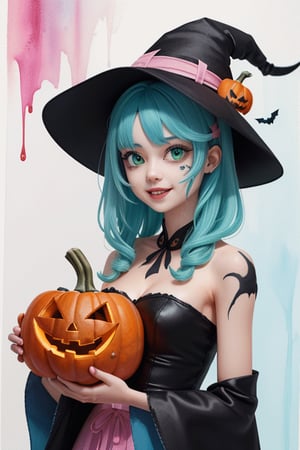 ((1 girl with Halloween costume and wizard hat holding a halloween pumpkin , in the halloween night festival,adorable, happy)),  (8k, best quality, masterpiece:1.2), best quality, ultra highres, a chest up watercolor painting of a beautiful student model, looking at viewer, shoulder, dark chignon, kind smile, greasy lips, hair ribbons, white strapless tops, colorful tone, (black+blue+pink+green color:1.2), extremely luminous bright design, pastel colors, (ink:1.3), early spring lights, wet on wet, paper texture, on papar,cutegirlmix, perfect breasts, see_through